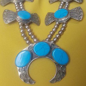 Nickel Silver and Turquoise Squash Blossom Signed